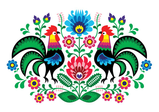Polish floral embroidery with cocks - traditional folk pattern