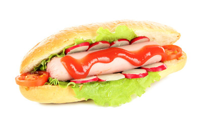 Tasty hot dog with vegetables isolated on white