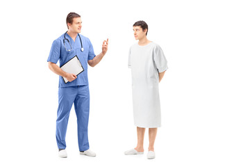 Full length portrait of a male patient in a hospital gown and me