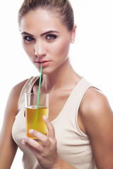 woman with apple juice. Concept vegetarian diet