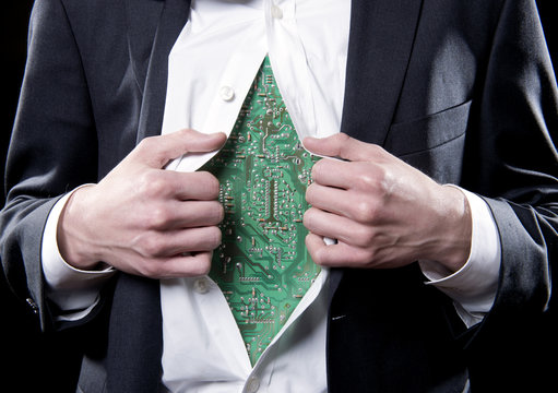 Concept photo for bionic businessman computer circuit board