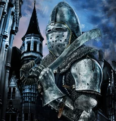 Fotobehang Ridder met zwaard in de buurt van een kasteel © Fxquadro