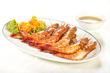 roasted shrimp, orange prawns roasted grill dish with sauce