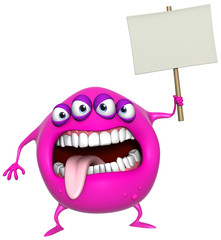 3d cartoon pink monster holding placard