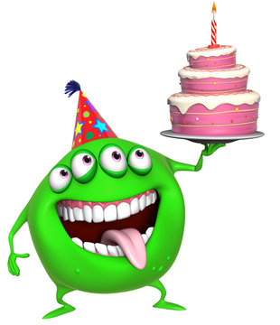 3d Cartoon Green Birthday Monster With Cake