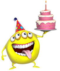 3d cartoon yellow birthday monster with cake