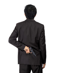 Obraz na płótnie Canvas Back of an asian male carry a gun on white