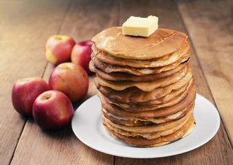 Pile of pancakes in the white plate