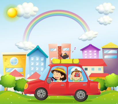 A mother and child in a car with a bird