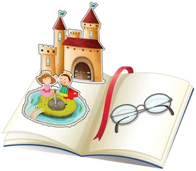 Crédence de cuisine en verre imprimé Chateau Un livre avec un château et des lunettes de lecture