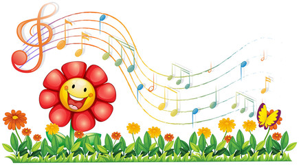 A red flower in the garden with musical notes