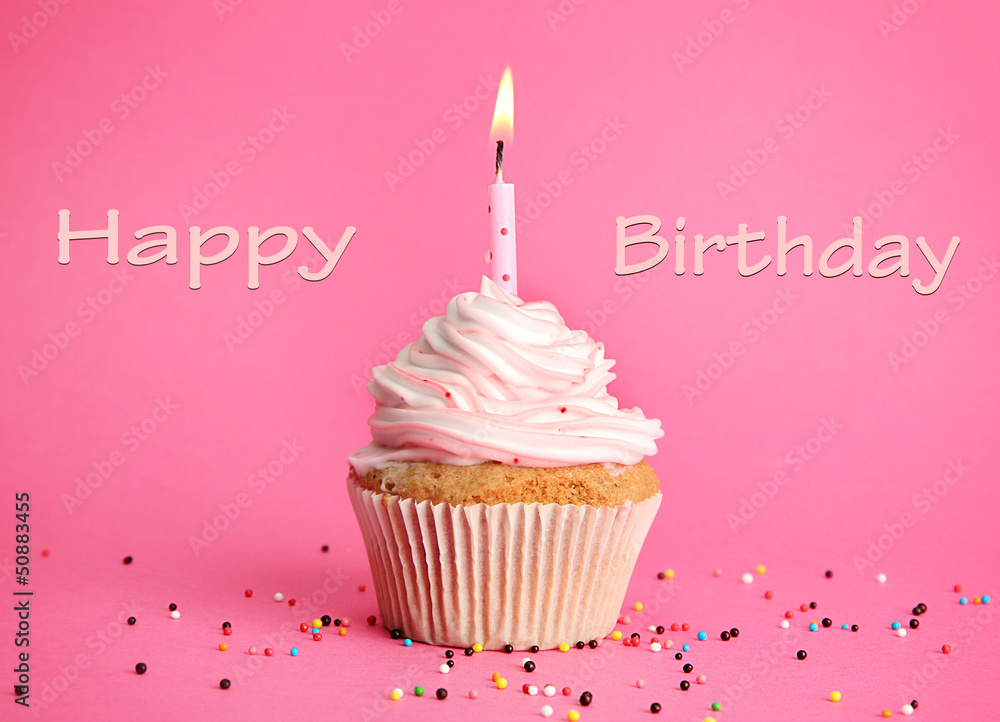 Poster tasty birthday cupcake with candle, on pink background