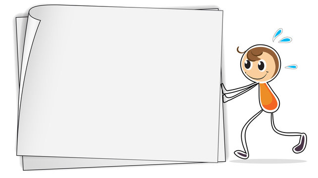 A boy pushing a big blank paper