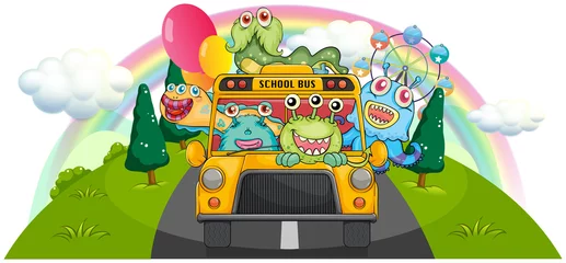 Fotobehang Een gele schoolbus met de enge monsters © GraphicsRF