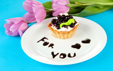 Sweet cake with blackberry and chocolate sauce