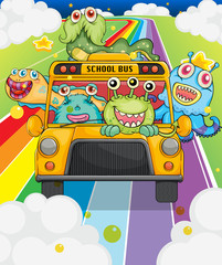 Un bus scolaire avec des monstres