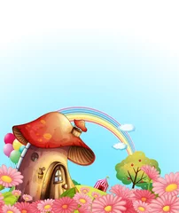 Foto op Plexiglas Sprookjeswereld Een paddenstoelenhuis boven de heuvel met een tuin