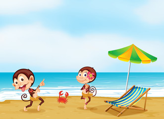 Obraz na płótnie Canvas Dwie małpy tańczące z małym kraba na plaży