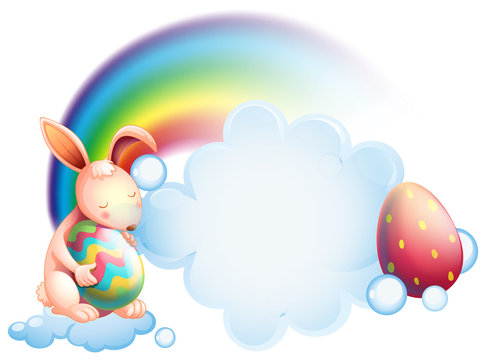 A bunny holding an egg while sleeping in front of a rainbow