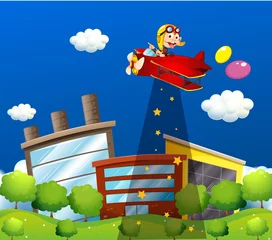 Abwaschbare Fototapete Flugzeuge, Ballon Ein Affe reitet in einem Flugzeug über den Gebäuden