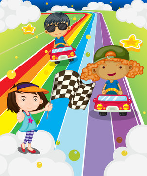 A car race at the colorful road