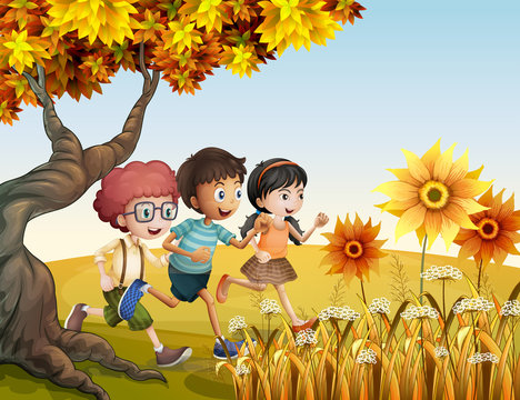 Children running at the hill with sunflowers