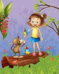  Een jong meisje met twee papegaaien en een aap in het bos © GraphicsRF