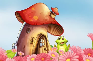 Fototapete Magische Welt Ein Frosch in der Nähe des Pilzhauses mit einem Blumengarten