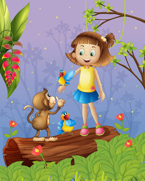 A young girl with two parrots and a monkey in the forest