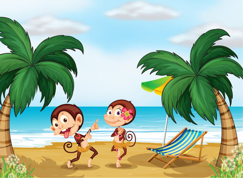 Two monkeys wearing a hawaiian attire