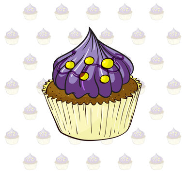 A cup cake with violet icing