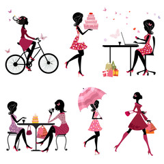 Set of silhouette of beautiful girls on vacation