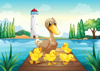 Wall murals River, lake A mother duck with four baby ducks in the wooden bridge