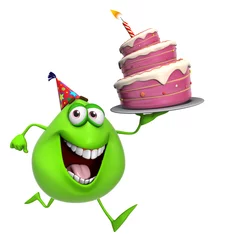 Printed kitchen splashbacks Sweet Monsters 3d cartoon cute green monster with cake