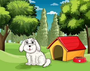 Foto op Plexiglas Honden Een witte puppy buiten zijn hondenhok