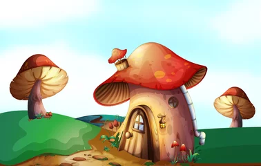 Fototapete Magische Welt Ein Pilzhaus auf der Spitze des Hügels