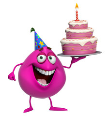 3d cartoon cute pink monster with cake