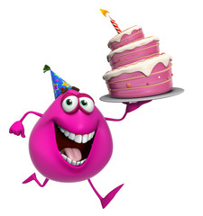 3d cartoon cute pink monster with cake