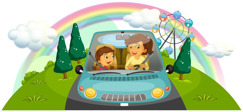 A mother driving the car with her daughter