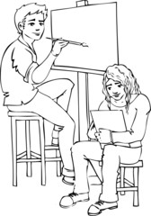 black and white outline of two young adults drawing vector