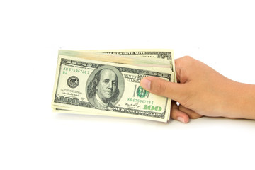 Hand holding money dollars isolated on white background