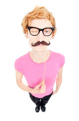 Funny guy with a fake mustache on a stick