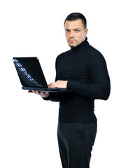 Confident businessman with notebook computer isolated on white