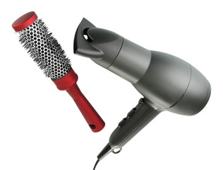 hair dryer and comb brush, isolated on white
