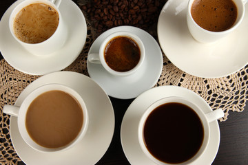 Assortment of different hot coffee drinks close up