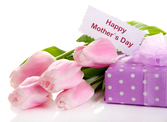 Beautiful bouquet of pink tulips and gift for Mother's Day,