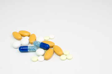 different drugs on white background