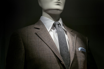 Brown Checkered Jacket, White Shirt, Grey Tie And Striped Handke