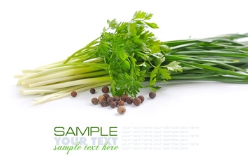 Fresh green parsley and spring onions with grains of pepper