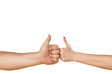 male and female hand showing thumbs up on white background